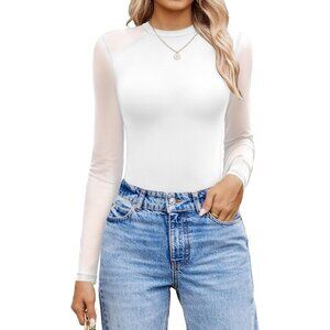 Women's Long Sleeve Bodysuit White Crew Neck One Piece Shirt Leotards Tops